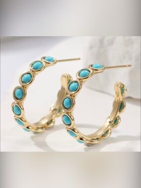 Western Gold Hoop Earrings with Turquoise Cabochons